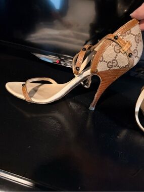 Gucci Brown Monogram Strappy High Heel Sandals